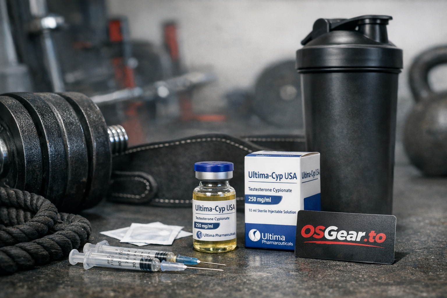 Ultima-Cyp USA product image featuring a vial and box of testosterone cypionate in a gym setting with syringes and training gear, emphasizing long-acting injectable steroids for sustained muscle growth and power, produced by Ultima Pharmaceuticals and available to buy online through OSGear.to with focus on authenticity, endurance, and professional-grade gains.