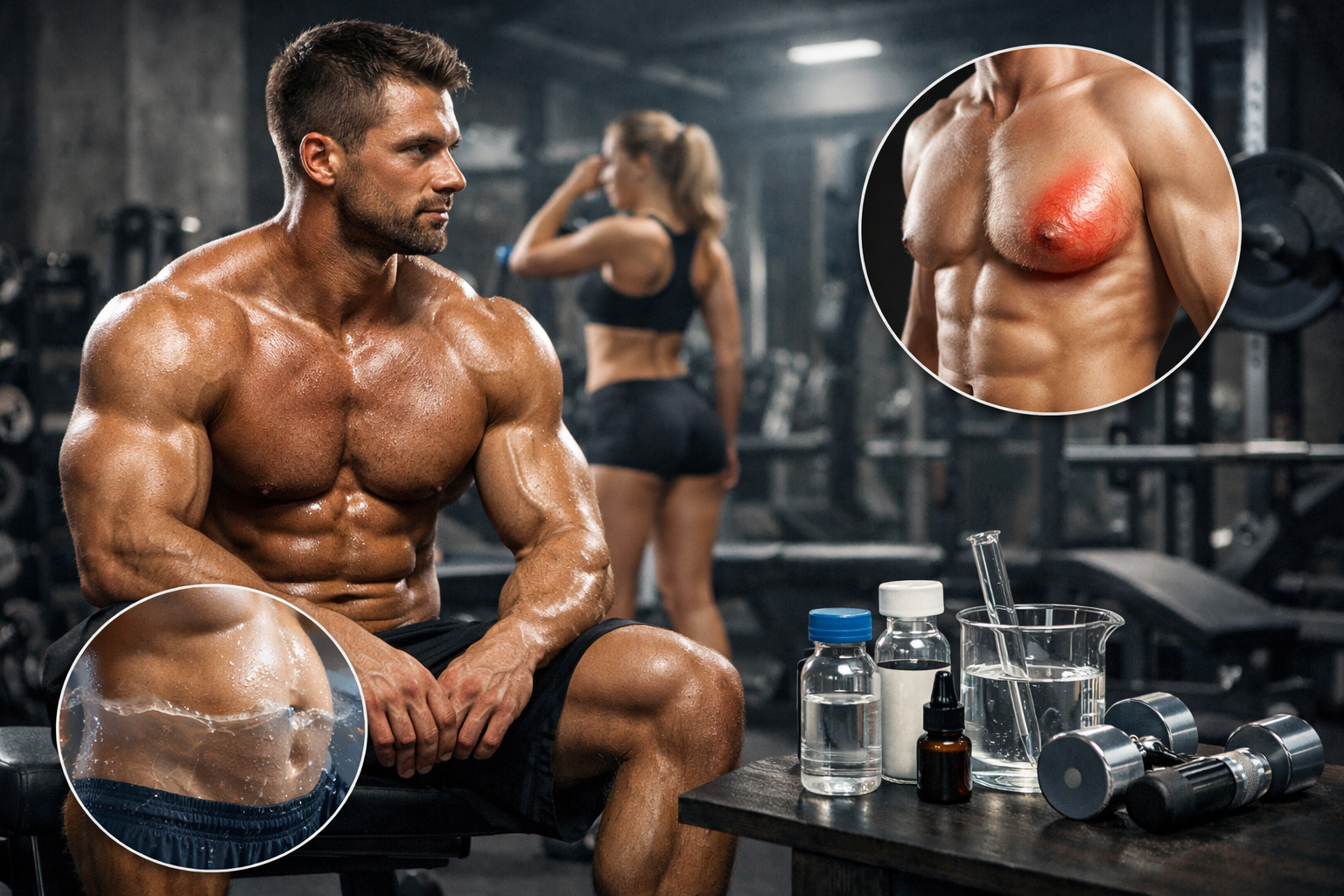 Muscular male athlete resting in a gym with training equipment and lab vials nearby, while visual insets highlight estrogen-related side effects like gynecomastia and water retention, illustrating cycle protection and hormone control for those who buy Ultima Femara 5mg online.