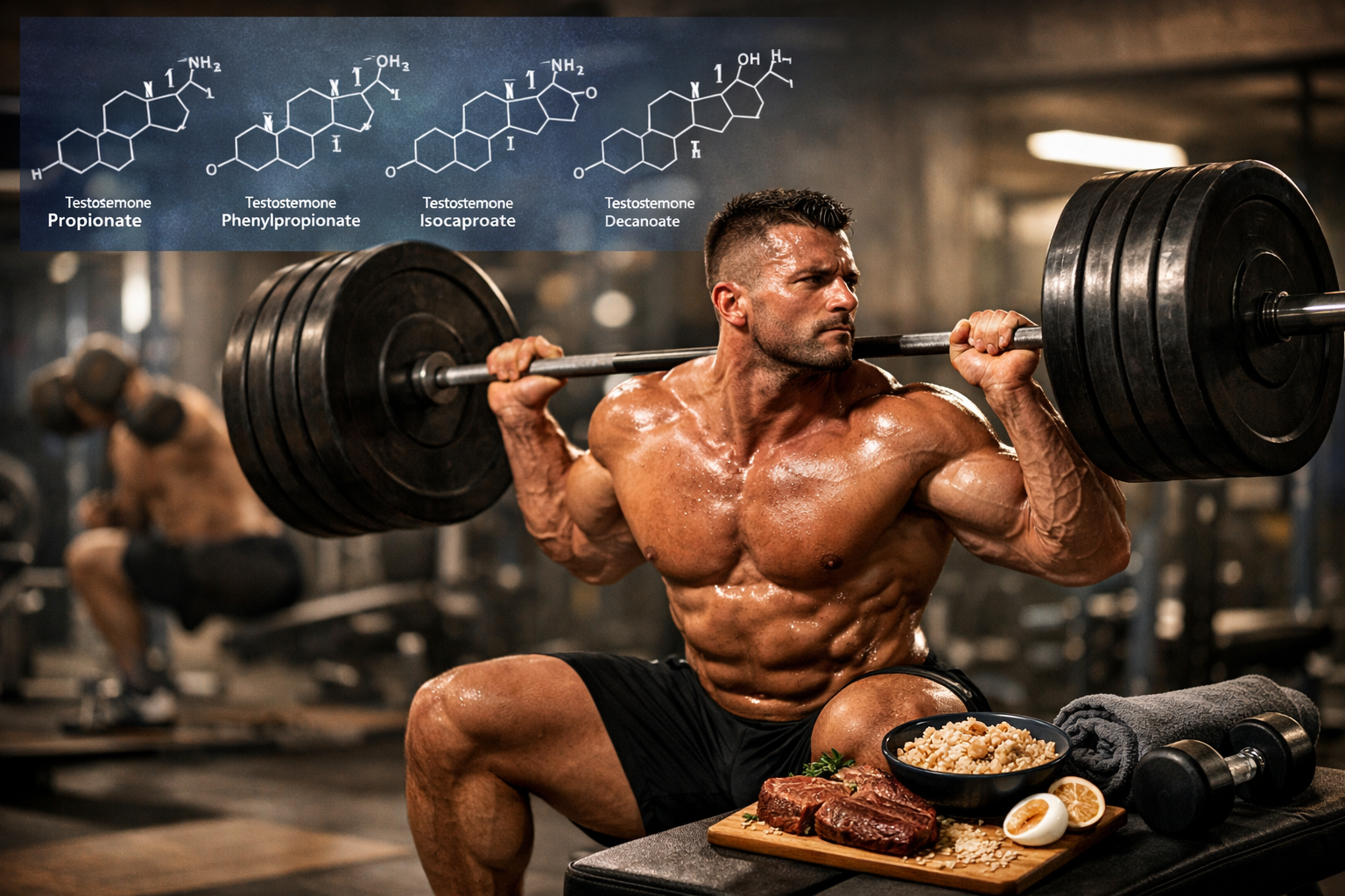 Ultima-Sus 500 for Sale promotional image showing a muscular athlete performing heavy barbell squats in a gym, with visual formulas of Testosterone Propionate, Phenylpropionate, Isocaproate, and Decanoate displayed above, highlighting the four-ester anabolic blend by Ultima Pharmaceuticals.
