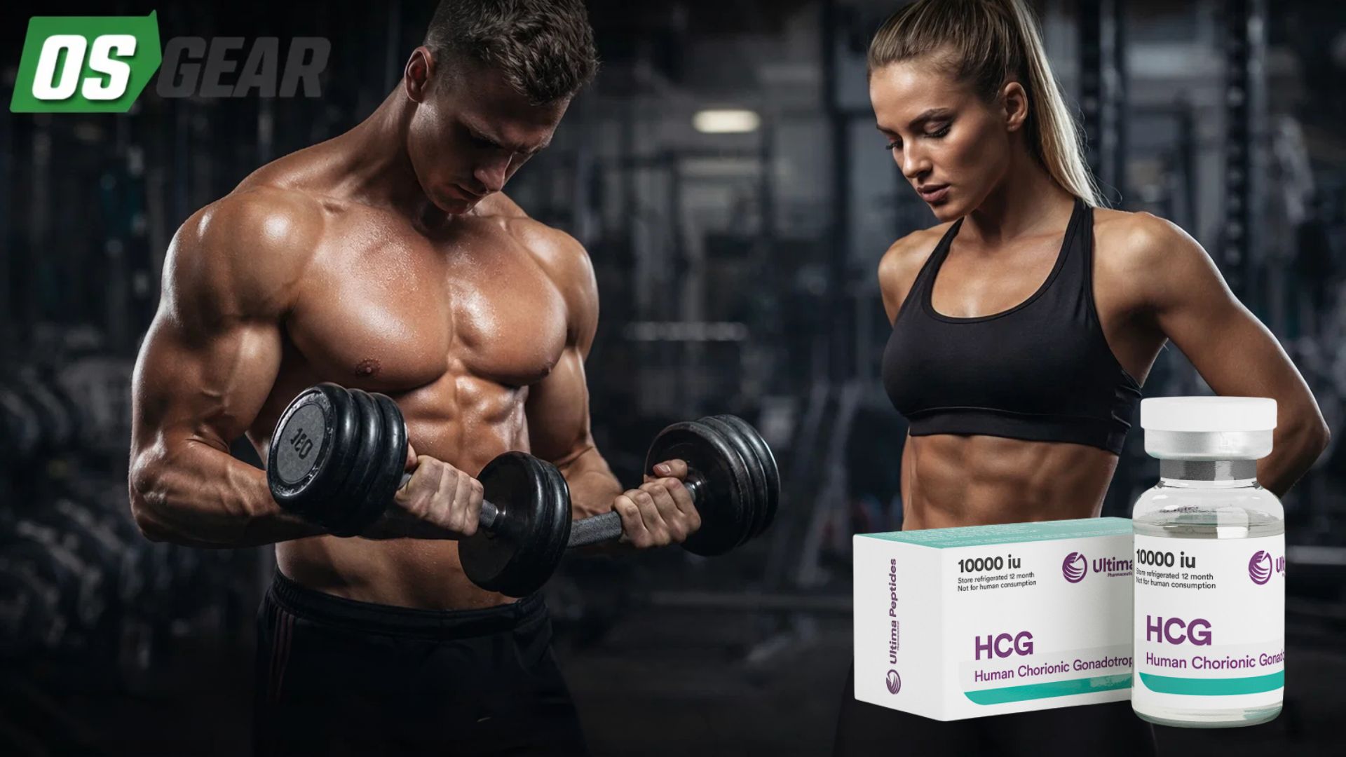 A muscular man and fit woman training in a gym with a prominent display of Ultima-HCG 10000IU for sale, showcasing its role in maintaining physique and hormonal balance.