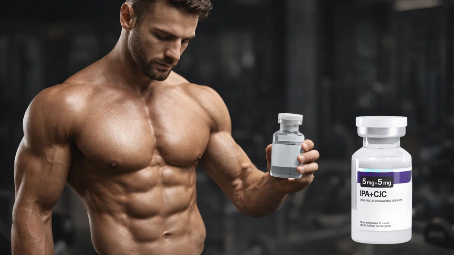 A muscular bodybuilder in a gym holding a peptide vial next to a featured product shot of Ultima IPA+CJC 5mg+5mg for sale from Ultima Peptides - US.