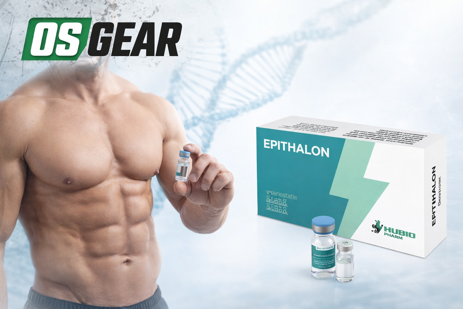 A muscular man holding a small vial alongside a box of Hubio Pharm Epithalon 10 mg from OSGear.to against a DNA background.