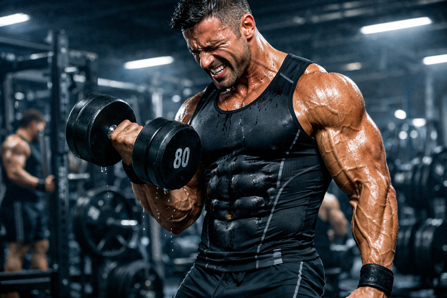 A vascular, high-performance athlete performing a heavy dumbbell curl, representing the explosive results of Ultima IGF-1 LR3 0.1mg for sale and its muscle-building power.