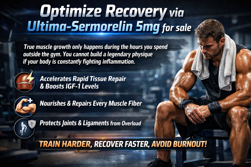 A high-contrast fitness graphic featuring a tired bodybuilder recovering in a gym, highlighting the benefits of Ultima-Sermorelin 5mg for sale. The image includes icons and text emphasizing rapid tissue repair, boosted IGF-1 levels, and joint protection to avoid burnout.
