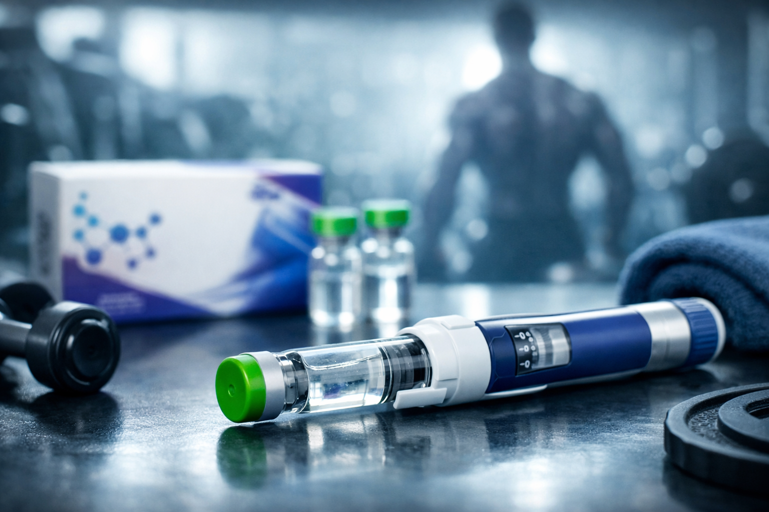 A specialized Qomatropin Cartridge 12 MG (36IU) delivery device on a gym surface, showing the solution for HGH muscle growth and fat loss in a fitness setting.