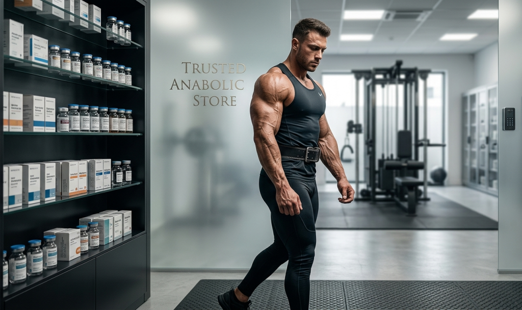 A hyper-realistic image of a muscular bodybuilder in a black tank top walking past a professional display of pharmaceutical-grade performance products inside a Trusted Anabolic Store.