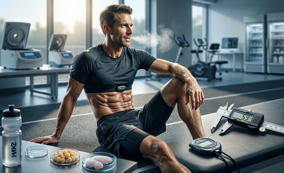 A candid, realistic laboratory scene showcasing a exceptionally lean and ripped male athlete resting on a bench next to digital calipers, a heart rate monitor, and petri dishes with microscopic models of fat cells and cartilage, symbolizing the powerful fat loss and regenerative benefits of Ultima AOD 9604 5mg for Sale.