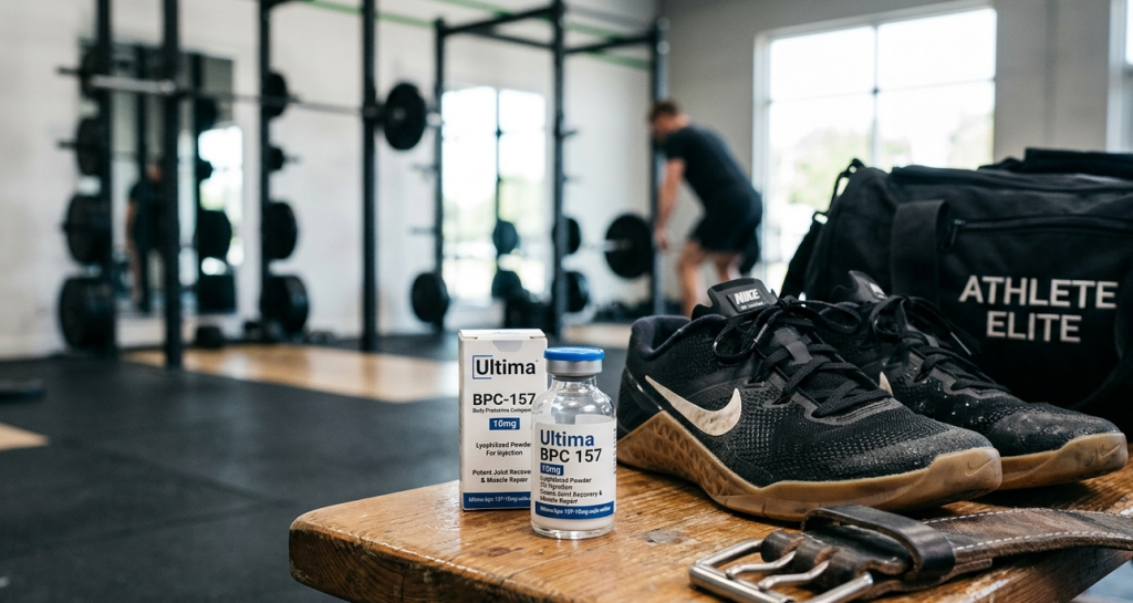 A high-quality image of a professional athlete’s gym bag and a medical vial of Ultima BPC 157 10mg Sale Online, emphasizing elite BPC-157 muscle recovery and ligament healing.