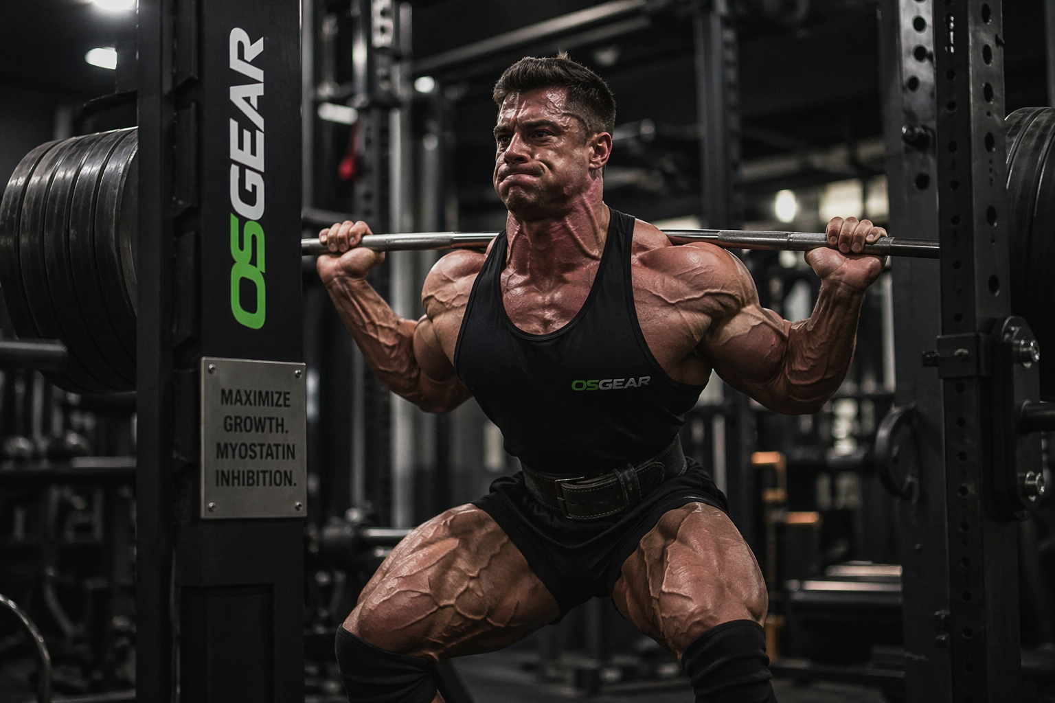 A candid, action photograph of a determined bodybuilder with maximum muscle definition and vascularity mid-lift, showcasing the elite hypertrophic growth and rapid recovery benefits of using Ultima-GDF-8 1mg for sale in an advanced muscle-building cycle.
