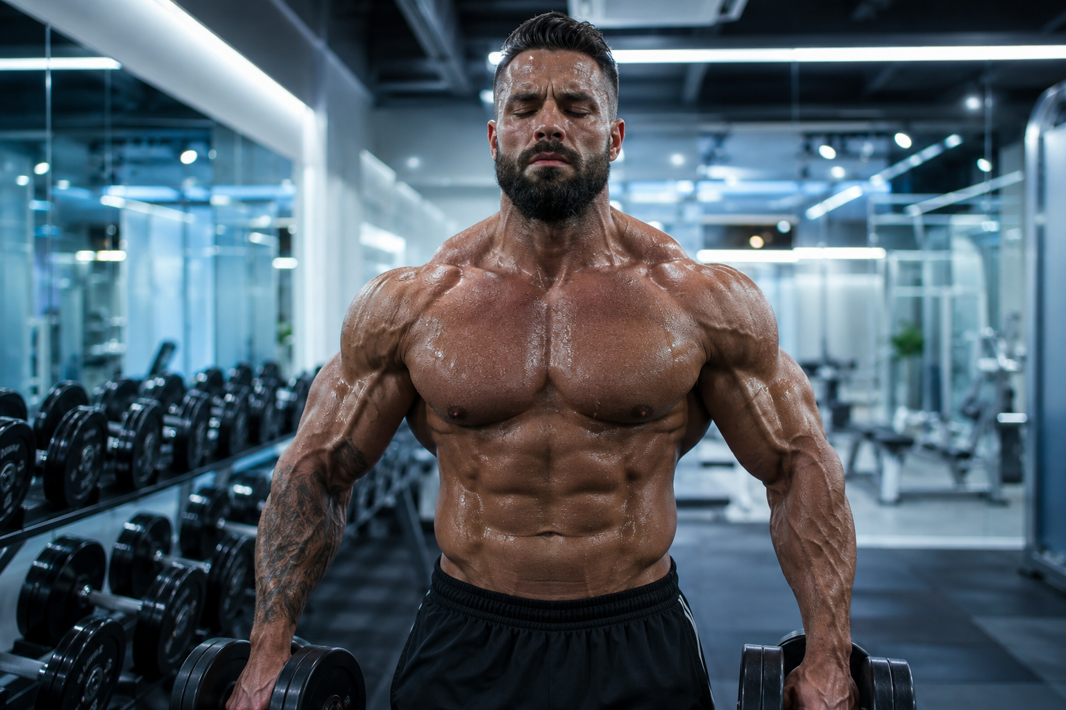 A muscular athlete in an elite gym showcasing the intense mental focus and neural drive supported by Ultima-Pinealon 20mg.
