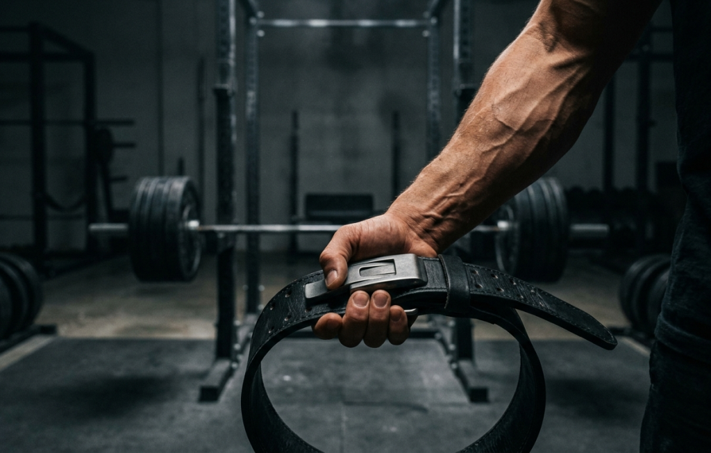 Cinematic close-up of a bodybuilder preparing for a heavy set, reflecting the strength gains from Ultima-CJC 1295 DAC 5mg for sale.