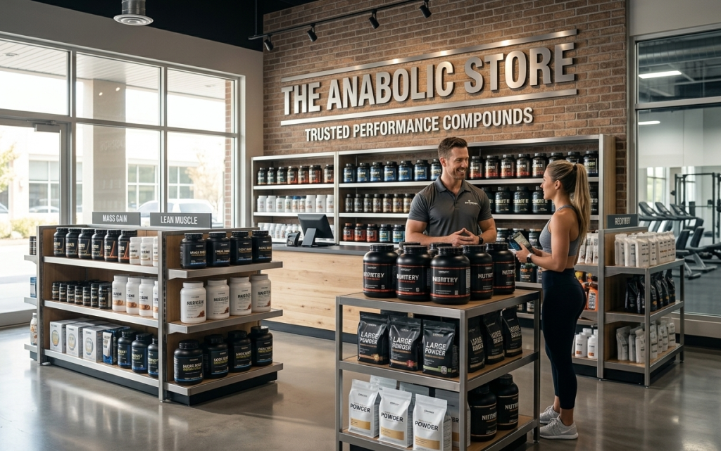 A high-quality interior shot of a physical Trusted Anabolic Store with professional staff and a male and female customer discussing products.
