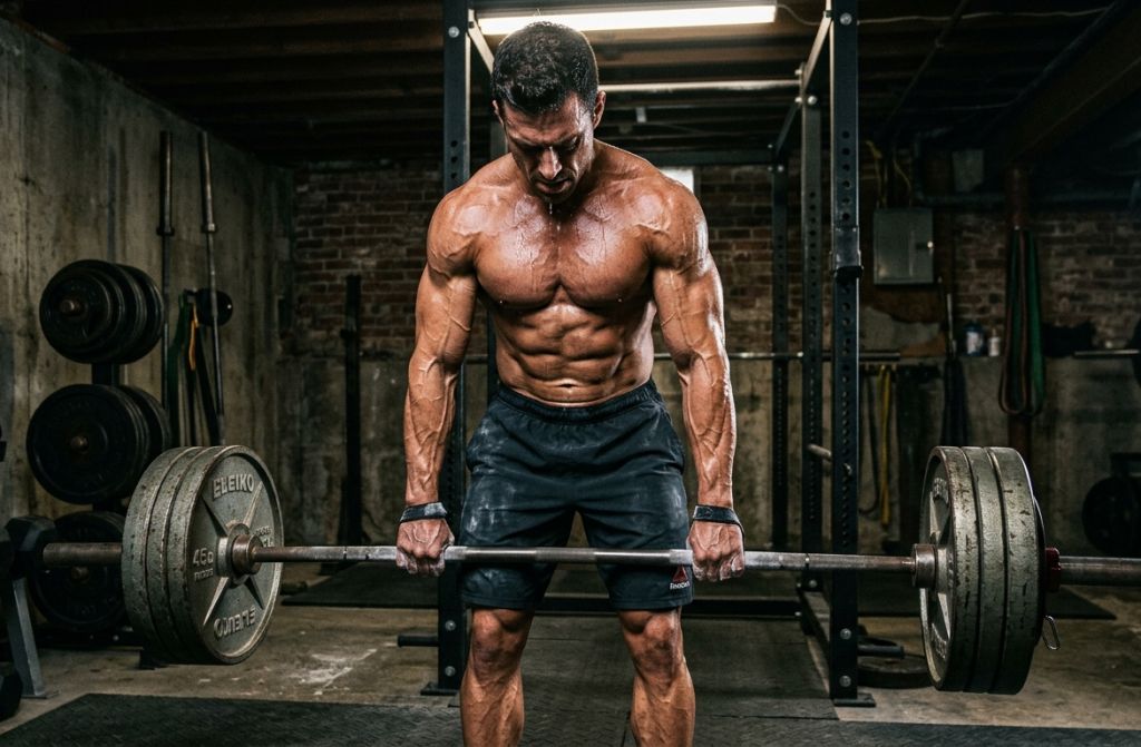 A shredded and highly vascular athlete demonstrating a dry physique inside a dark gym, highlighting the estrogen control benefits of Ultima-Aromasin 25mg USA
