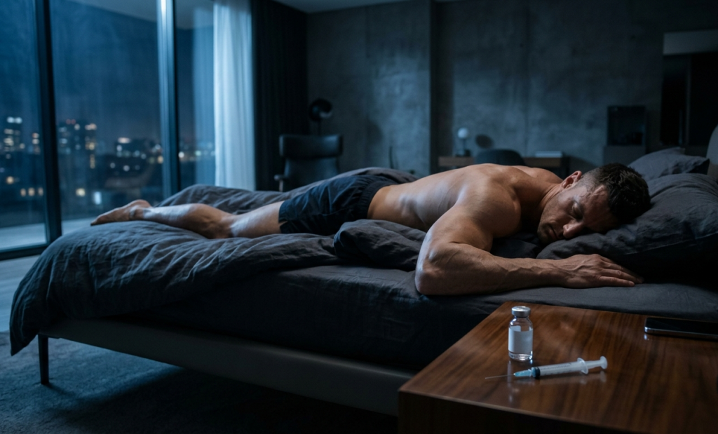 A muscular bodybuilder experiencing deep restorative sleep in a dimly lit modern bedroom, illustrating the recovery benefits of Ultima-DSIP 10mg for sale.