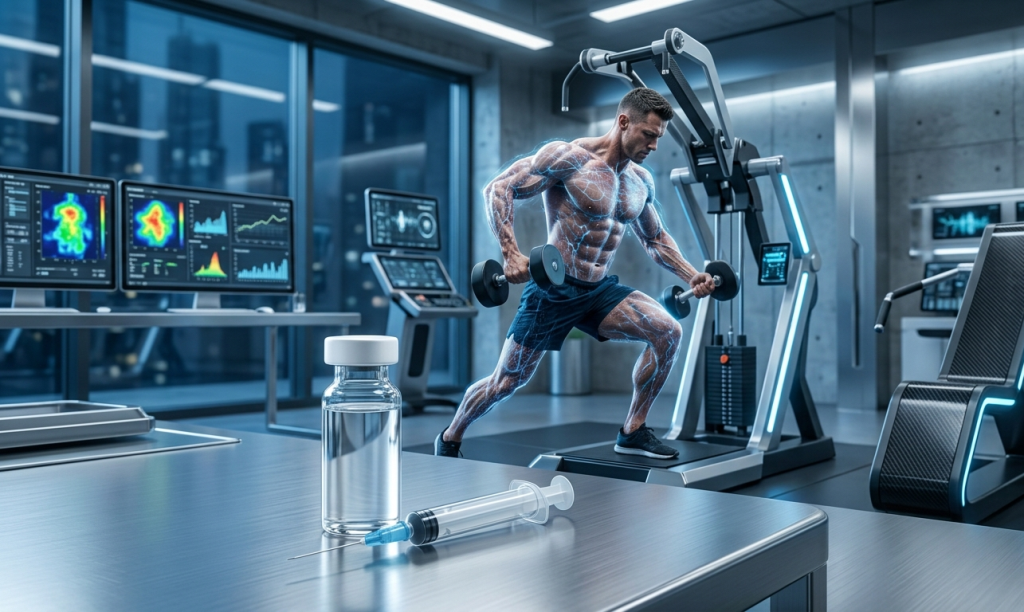 A powerful athlete training in a high-tech facility with glowing mitochondrial energy overlays, representing the metabolic power of Ultima-MOTS-C 10 mg for sale.