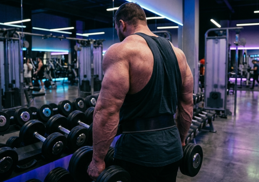 A dramatic neon-lit gym shot highlighting the massive back and arm thickness of a bodybuilder standing near heavy dumbbells.