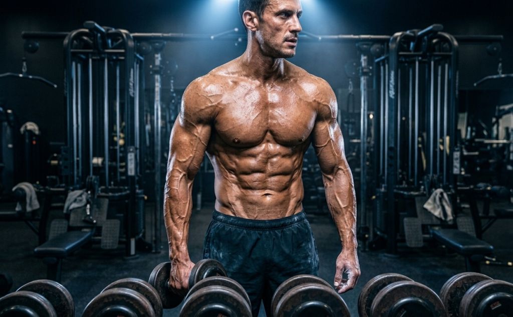 A highly conditioned and vascular bodybuilder displaying a shredded midsection in a dark gym, showcasing the fat loss benefits of Ultima-Retatrutide 10mg.