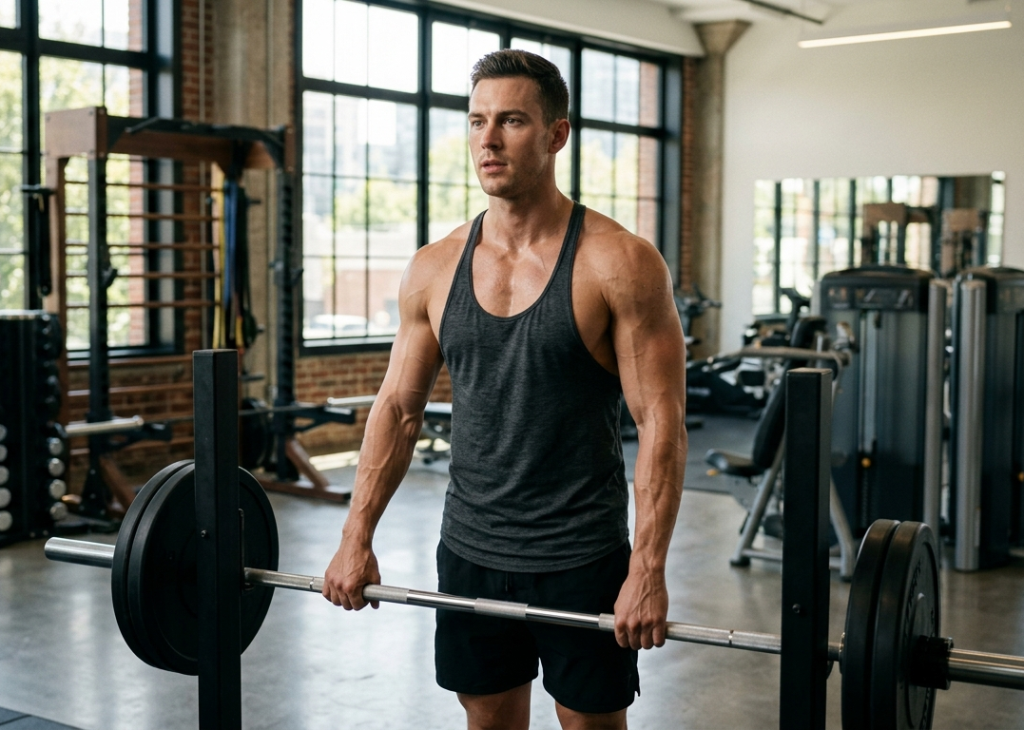 A healthy, highly conditioned bodybuilder displaying a powerful physique in a sunlit gym, showcasing the recovery results of Ultima-Thymosin A-1 5mg for sale.