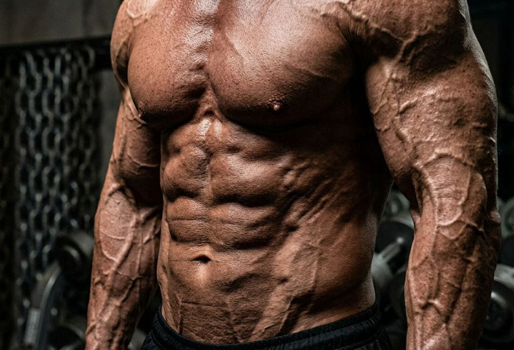 A highly conditioned athlete displaying the extreme muscle hardness, dry density, and sharp vascularity achieved after choosing to Buy Proviron 25mg Tablets Online.