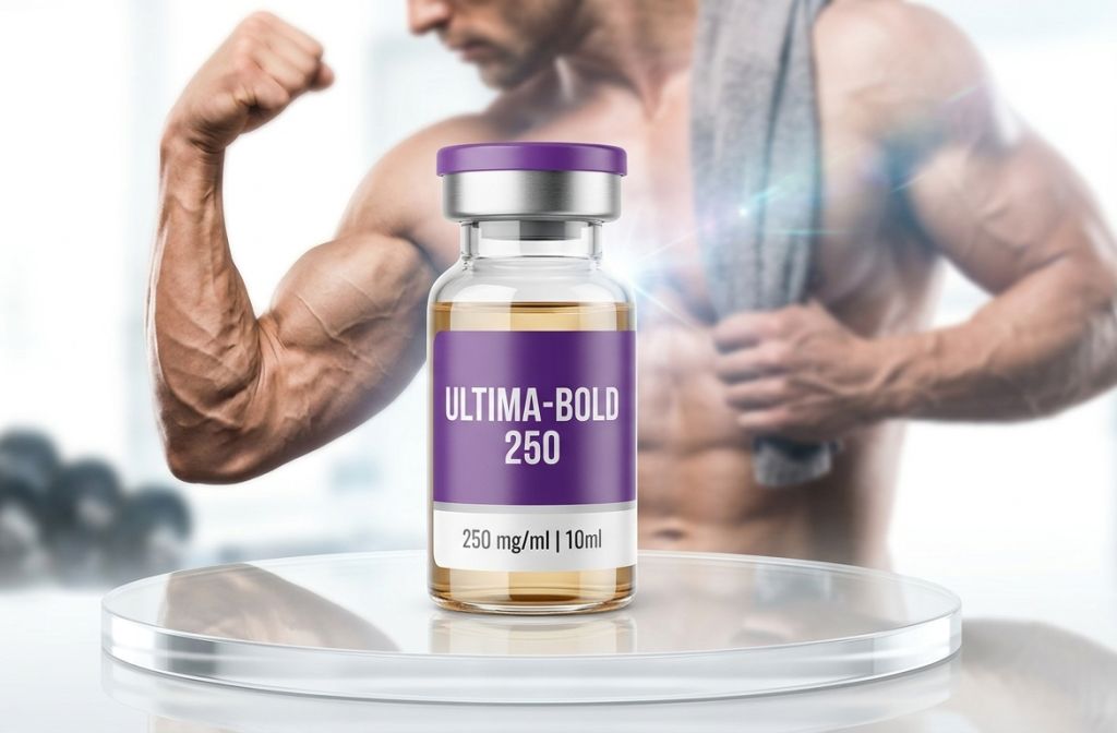 A bright commercial product display of an authentic vial highlighting Ultima-Bold 250 for sale on a sleek white podium under clean studio lights.