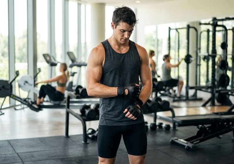 A bright, daylight-lit commercial gym photograph showcasing a fit man with a highly defined athletic physique, illustrating the conditioning maintained when you buy Ultima Clomid online.