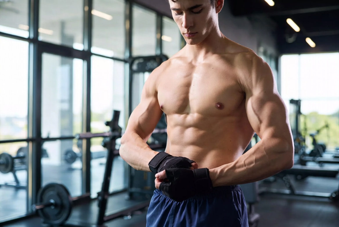 A bright, daylight-lit commercial gym photograph showcasing a fit man with a highly defined athletic physique, illustrating the conditioning maintained when you buy Ultima Clomid online.