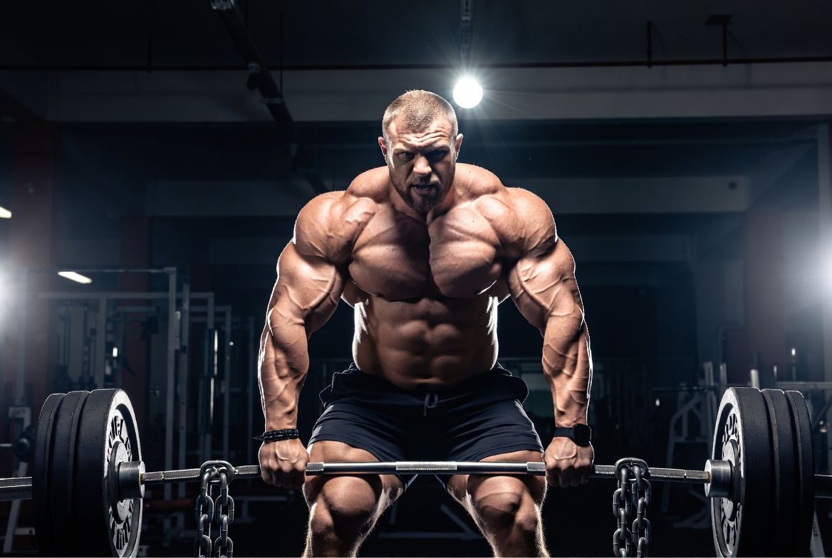 A dramatic cinematic gym photograph highlighting a powerful bodybuilder with thick muscle density, illustrating the mass gains achieved with Pharma Bol 100 Ampoules.