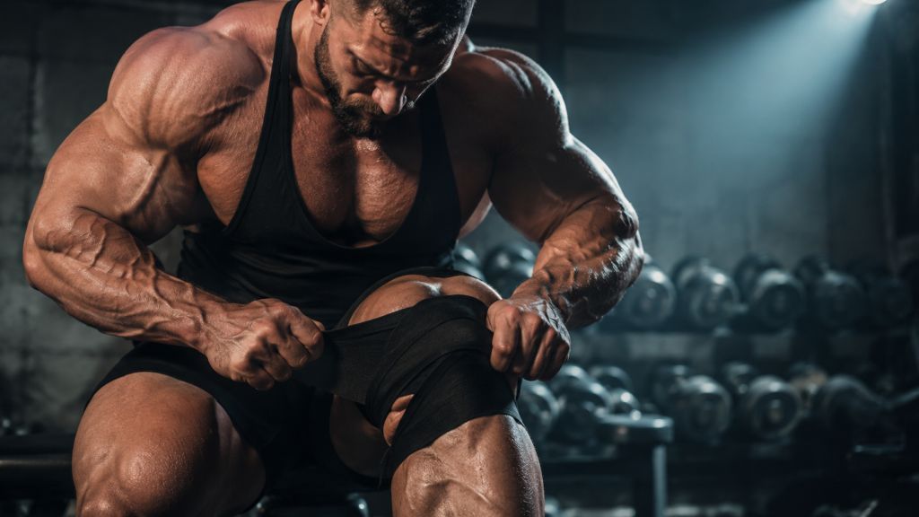 An elite, muscular bodybuilder protecting his knee joints using protocols fueled by Ultima BPC 157 10mg for sale online.