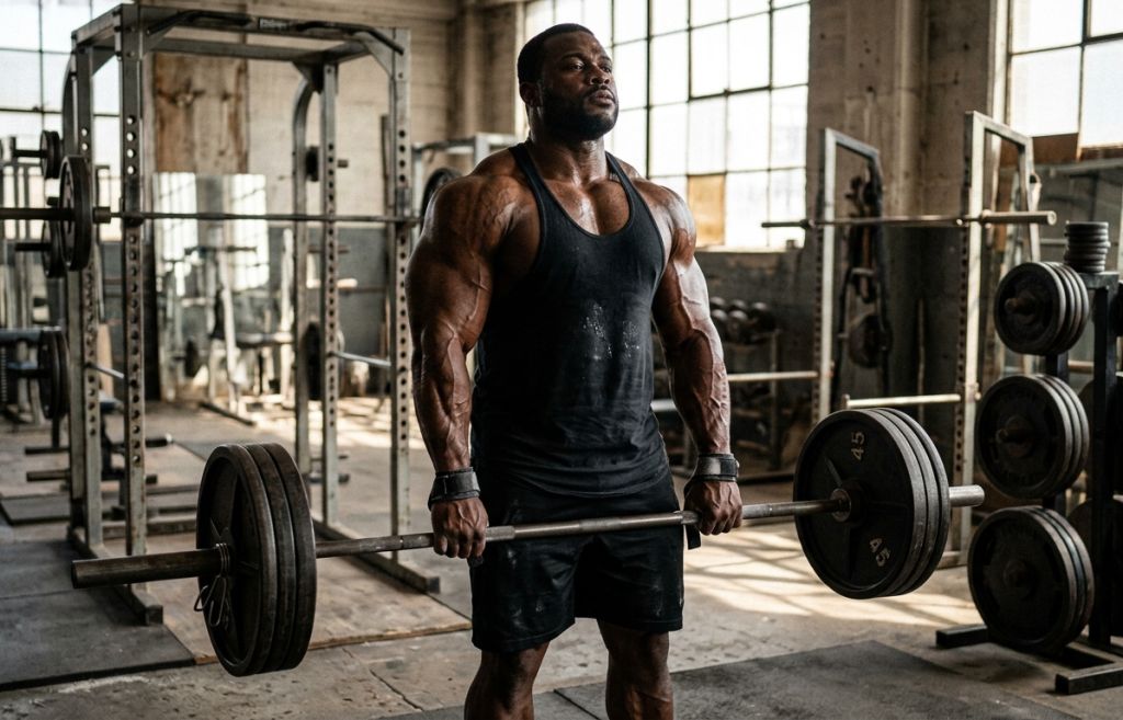 A massive, muscular bodybuilder gripping a barbell inside a premium gym, illustrating the explosive fullness and strength achieved with Ultima-Dbol 10.