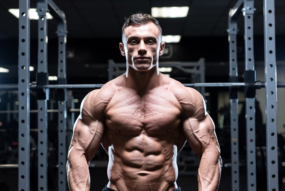 An exceptionally lean and vascular bodybuilder showing deep muscle separation in a premium gym, highlighting the conditioning results from Ultima-Reta+Cagri Blend 5mg+5mg.