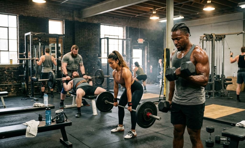 Muscular athletes training hard in an industrial gym setting, showcasing the results when users Buy Pharma Mix 1 Online.