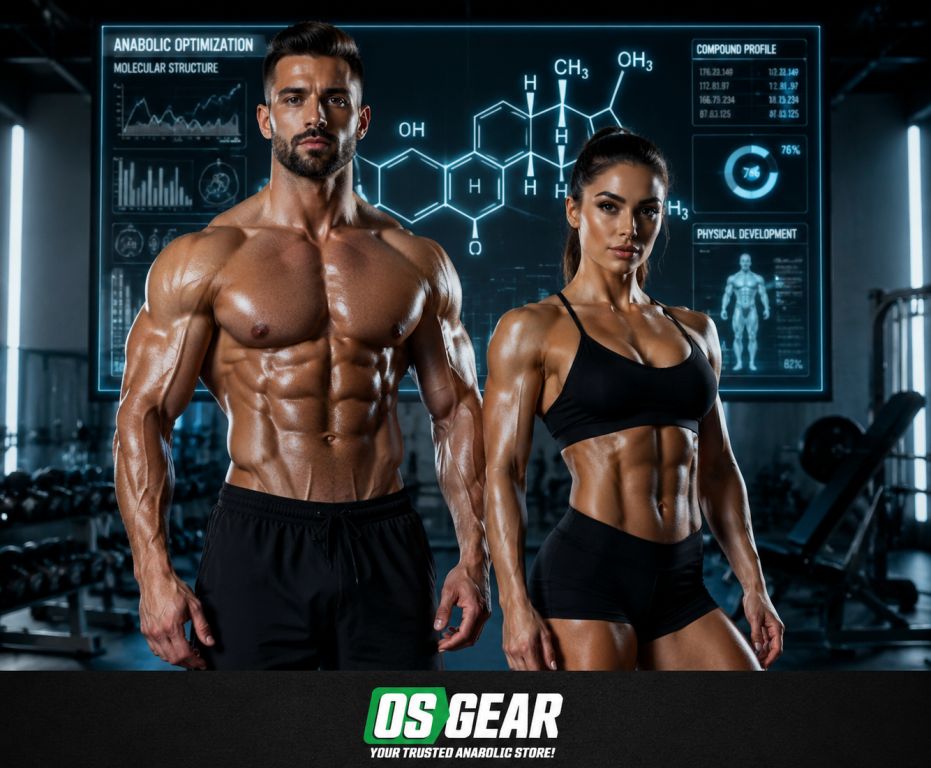 A highly defined fitness man and athletic woman standing in front of a digital screen displaying molecular structures, emphasizing the choice to Buy Ultima Oxa 50 Online for muscle hardness.