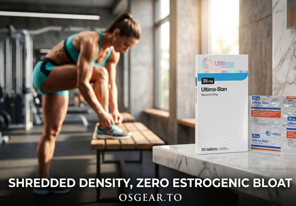A premium white container of Ultima-Stan 25 placed on a clean glass shelf, highlighting why athletes Buy Ultima-Stan 25 to achieve muscle hardness.
