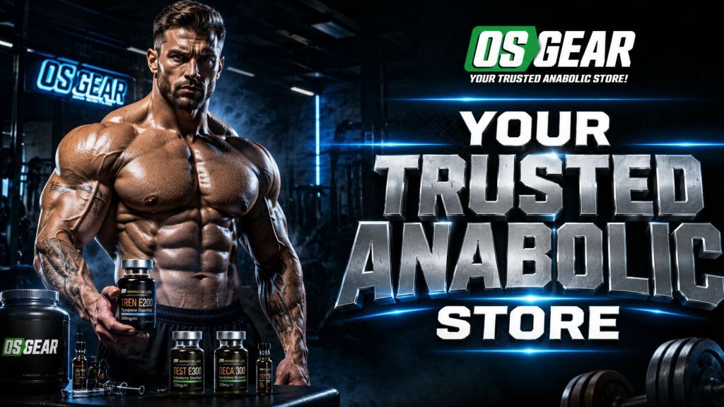 A muscular bodybuilder promoting fitness compounds on a dark gym banner addressing "is Osgear.To legit or not" with the tagline "Your Trusted Anabolic Store