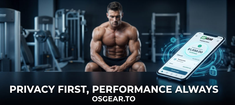 A sleek smartphone displaying a crypto wallet interface next to a muscular athlete, illustrating secure payments on Osgear.To.