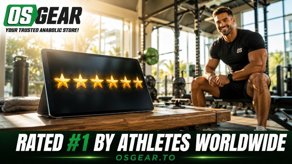 Bright daytime athletic studio with the green and black OSGEAR logo displayed next to a smiling muscular athlete, representing high Osgear.To reviews.