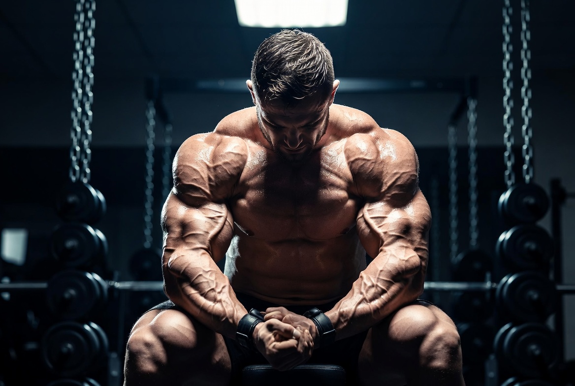 A vascular, deeply defined bodybuilder preparing for a heavy set in a dark gym, illustrating the lean mass results linked with Pharma NAN PH100 Ampoules.