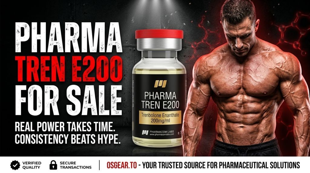 High-converting promotional banner featuring a shredded male athlete alongside a 10ml vial showcasing authentic Pharma TREN E200 for sale online at Osgear.to.