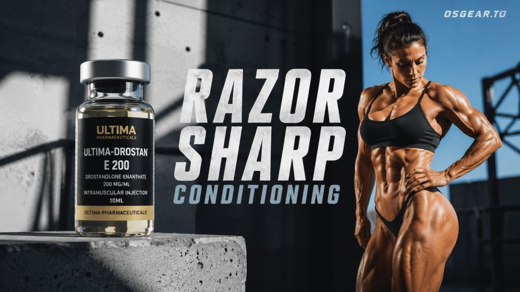 A vial of Ultima-Drostan E 200 on a concrete pedestal with an athletic bodybuilder showing lean muscle hardness in the background.