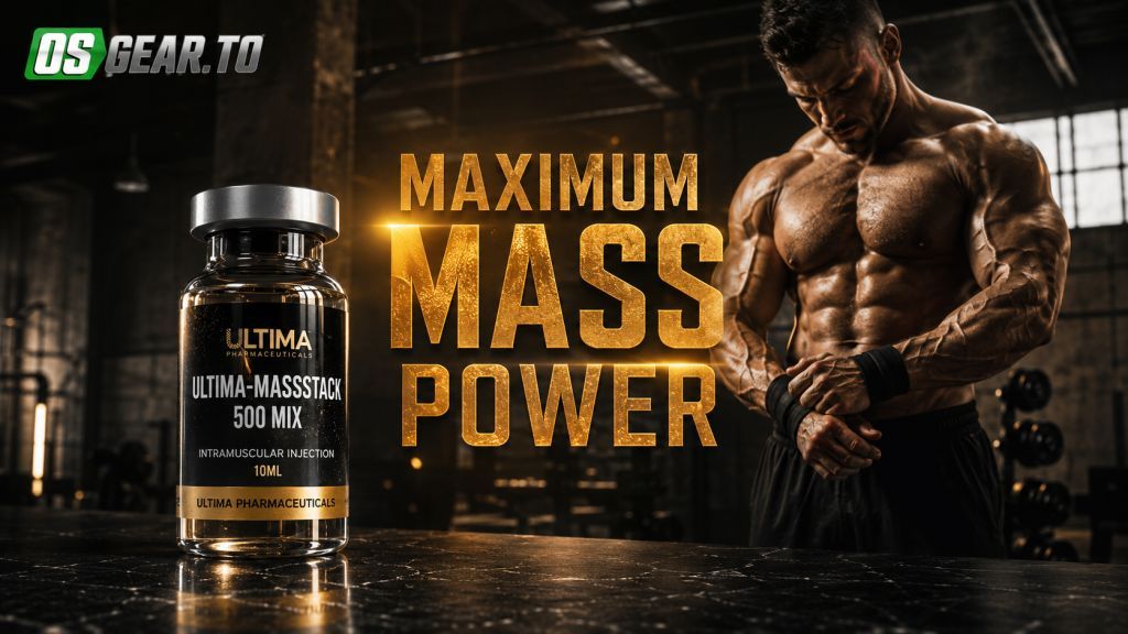 A vial of Ultima-Mass/Stack 500 Mix on a granite table with a muscular bodybuilder training in a dark gym background.