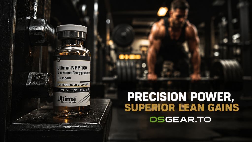 A sleek glass vial of Ultima-NPP 100 displayed on a dark, professional gym rack, highlighting why athletes buy Ultima-NPP 100 for strength.