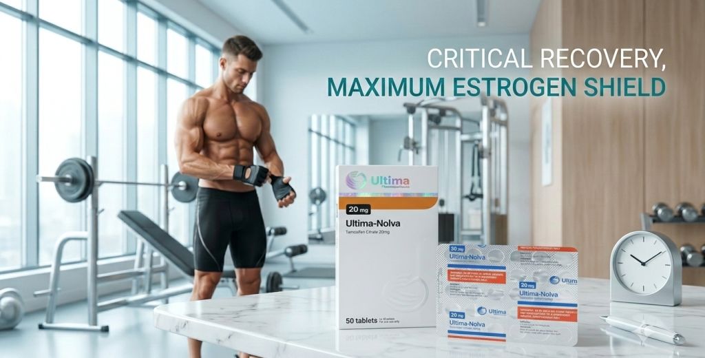 A premium bottle of Ultima Nolva on a clean marble surface, showing why athletes Buy Ultima Nolva for post cycle therapy.