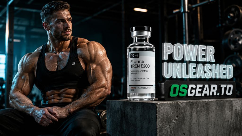 Buy Ultima Tren E 200 Mg/Ml pharmaceutical vial displayed alongside a muscular athlete in a studio setting.