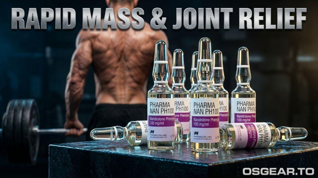 Pharmacom Labs Pharma NAN PH100 Ampoules glass vials displayed on a sleek black pedestal in a modern gym