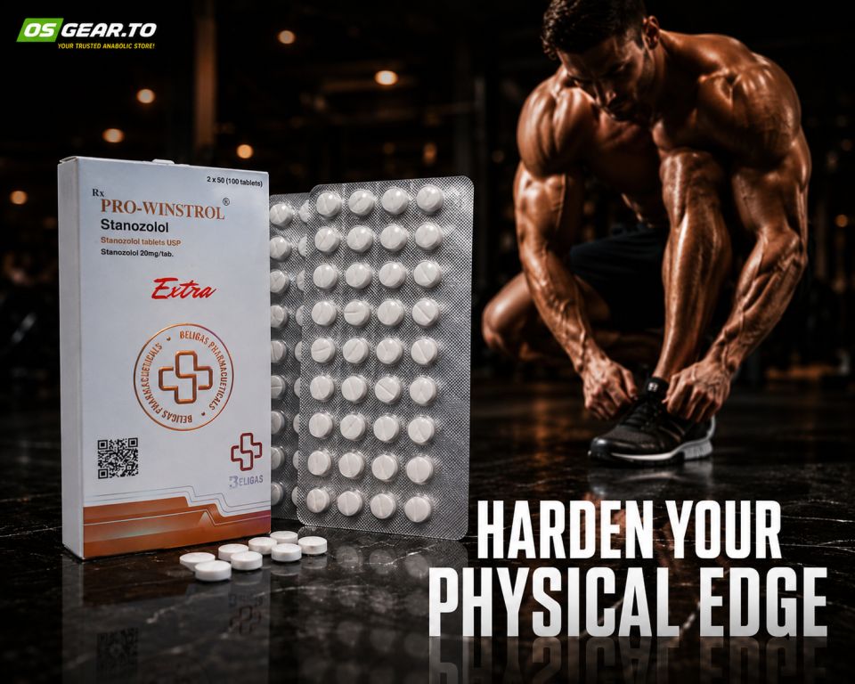 Bottle of Pro-Winstrol 20 (Extra) tablets by Beligas US on a dark gym counter.