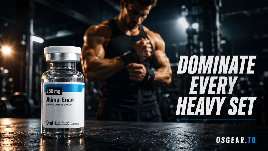 Pharmaceutical glass vial of Ultima-Enan 250 by Ultima Pharmaceuticals on a modern gym counter.