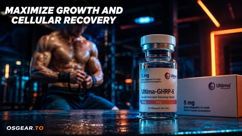Ultima-GHRP-6 5mg for sale peptide vial displayed on a dark metallic surface available on Osgear.to.