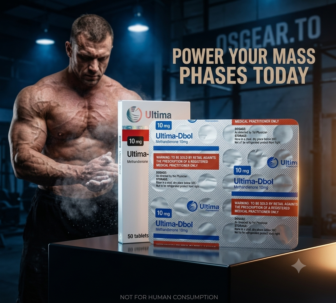 Muscular bodybuilder in a gym with powder on hands. In foreground, the product packaging. Note: Buy Ultima-Dbol 10 (50 pills) is shown on the box.