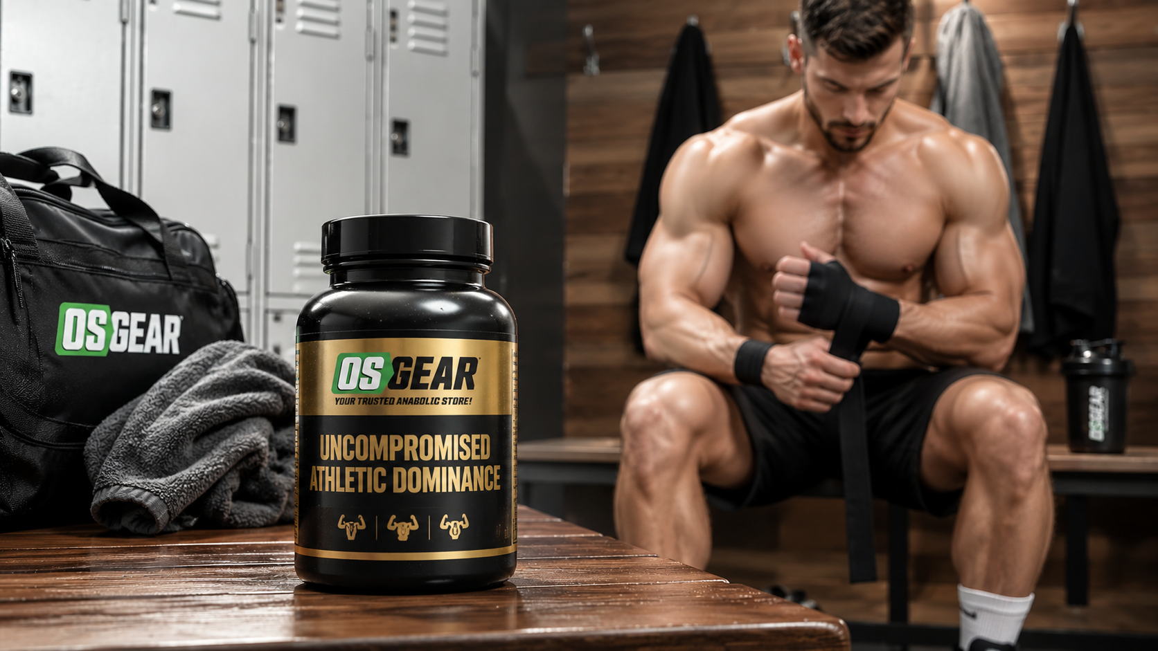 Anabolic Steroids for Sale USA matte black bottle on locker room bench with muscular athlete