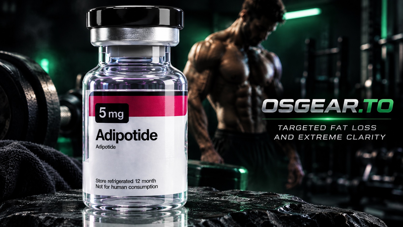 Ultima-Adipotide 5mg vial on a glass surface for researchers seeking Ultima-Adipotide 5mg